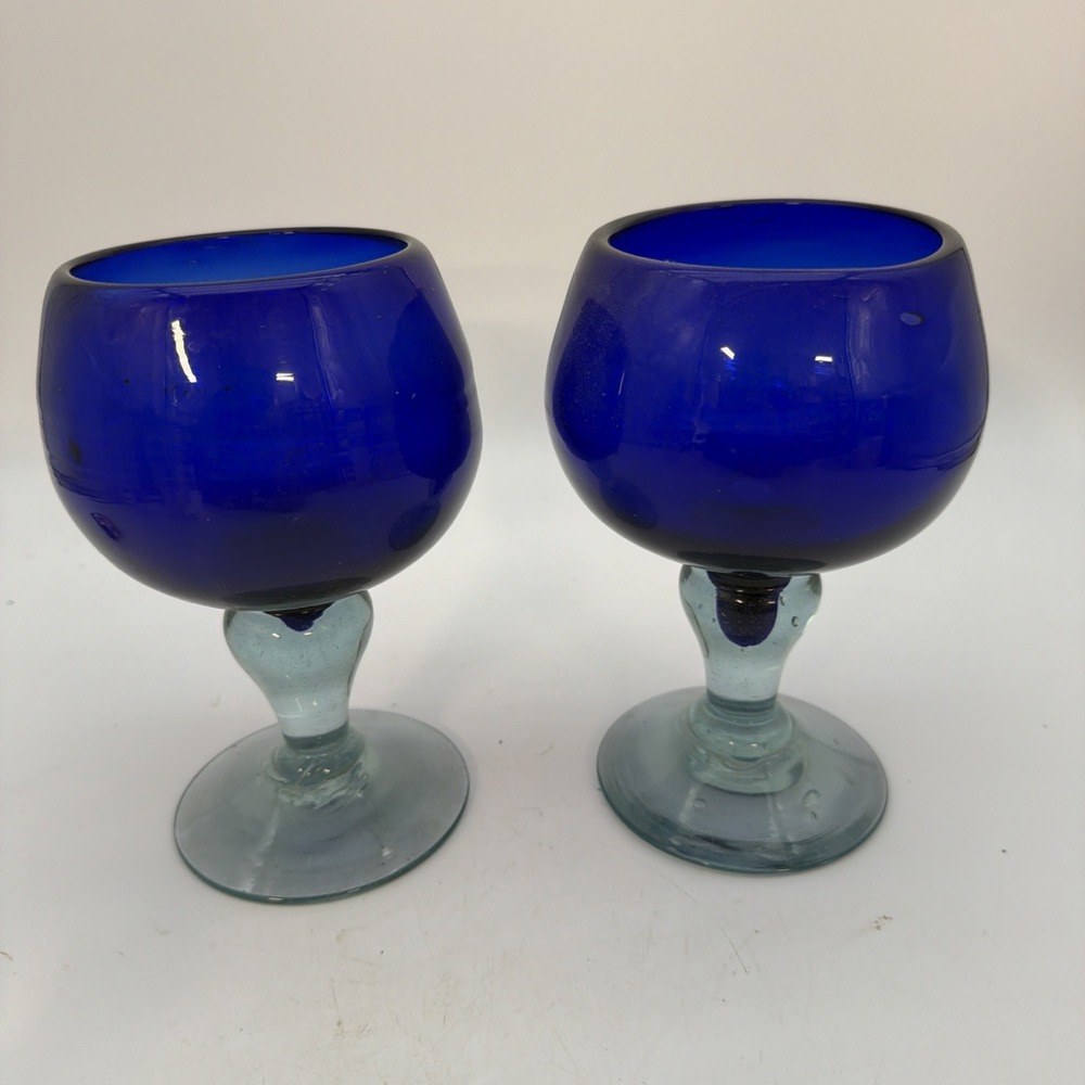 pair of heavy, hand-blown artisan wine or snifter goblets Colbalt it Blue